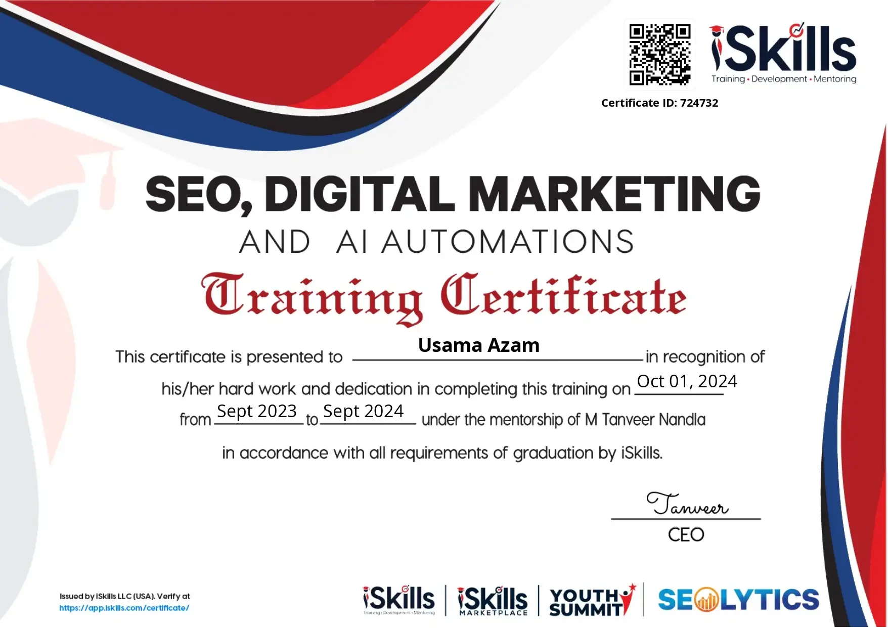 iSkills SEO Certificate - Usama Azam